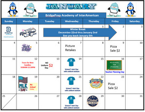  Please review the January 2026 calendar and be prepared to start the new year on a positive track